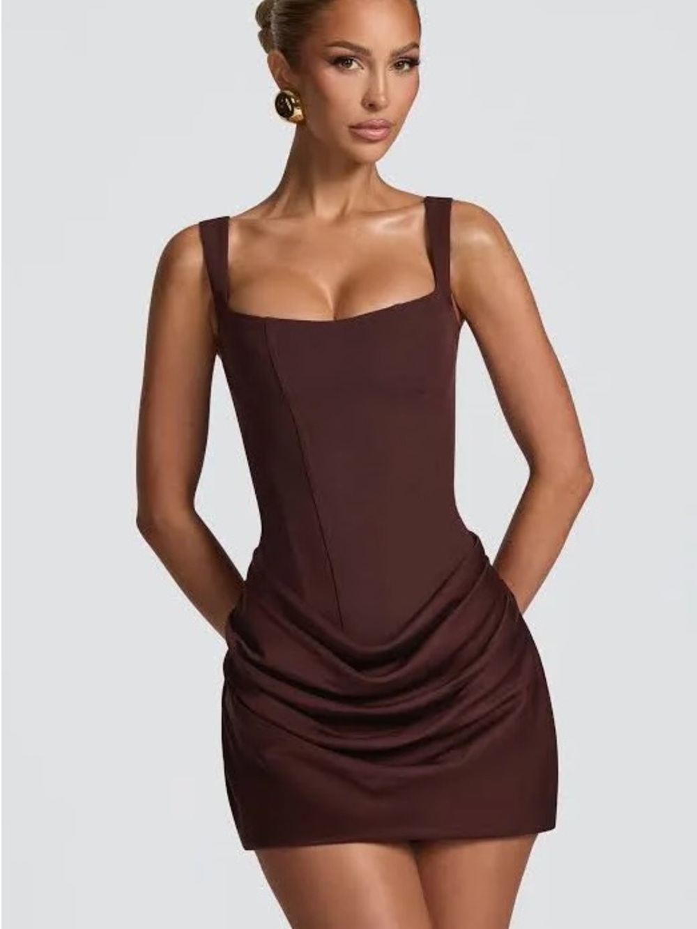 Square-Neck Chocolate Brown Ruched Mini Dress